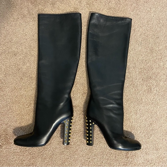 GUCCI Rodano Black Leather Gold Studded Heel Boot - Picture 1 of 16